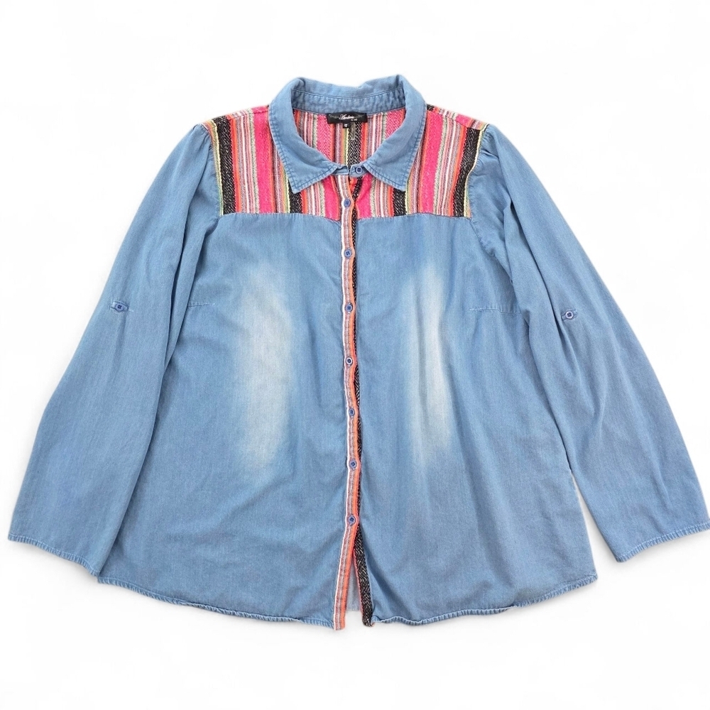 Andrée by Unit 1X Chambray Denim Shirt Boho Embroidered Southwestern Yoke